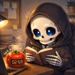 タイマー使って制限設けて読書してる黒デニムパーカー骸骨