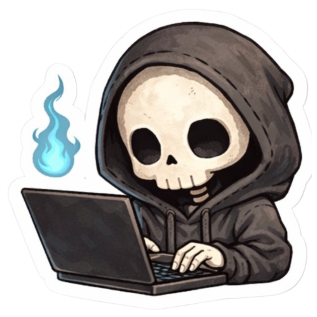 骸骨パーカー男がノートパソコンタイピングしてる