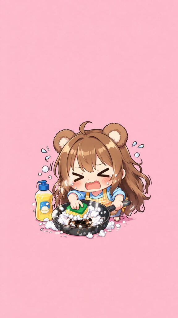 フライパンのこげつきと戦う洗い物熊耳ロン毛ガール