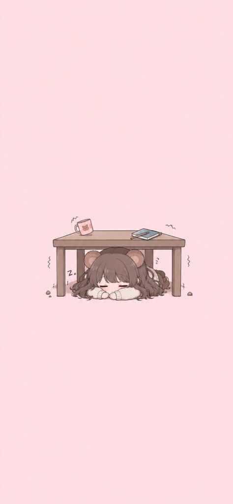 机の下に避難してる熊耳ロン毛ガール