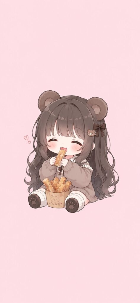 パンの耳を美味しそうに食べる熊耳ロン毛ガール
