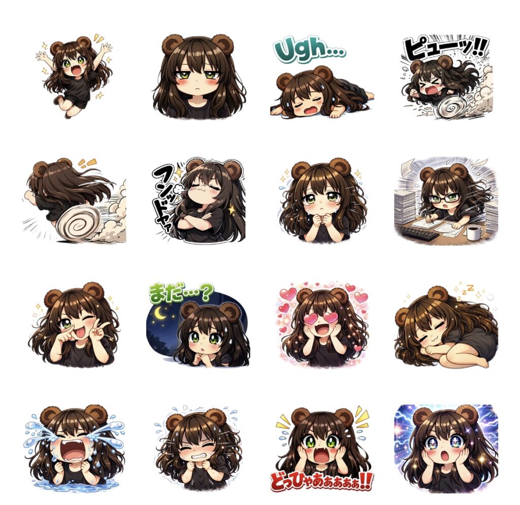 オーバーリアクション気味な熊耳ロン毛ガールラインスタンプ一覧