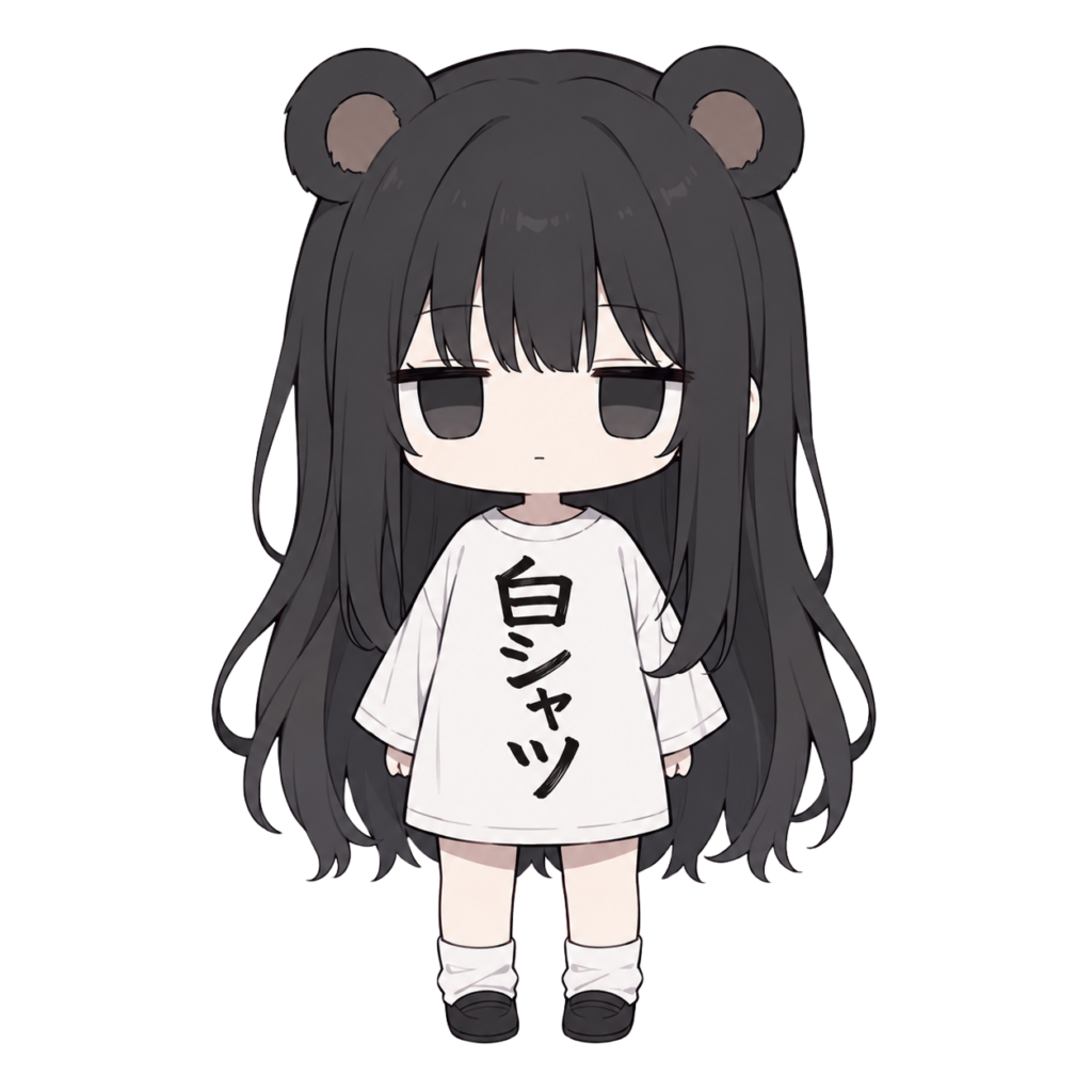白シャツと書かれた白シャツ着てる熊耳ロン毛ガール